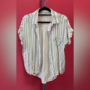 Casual Vertical Stripe Button-Up Shirt in White & Grey/Blue